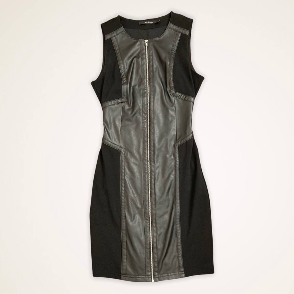 Ark & Co Faux Leather Panel Zip Front Bodycon Black Dress Women’s Small